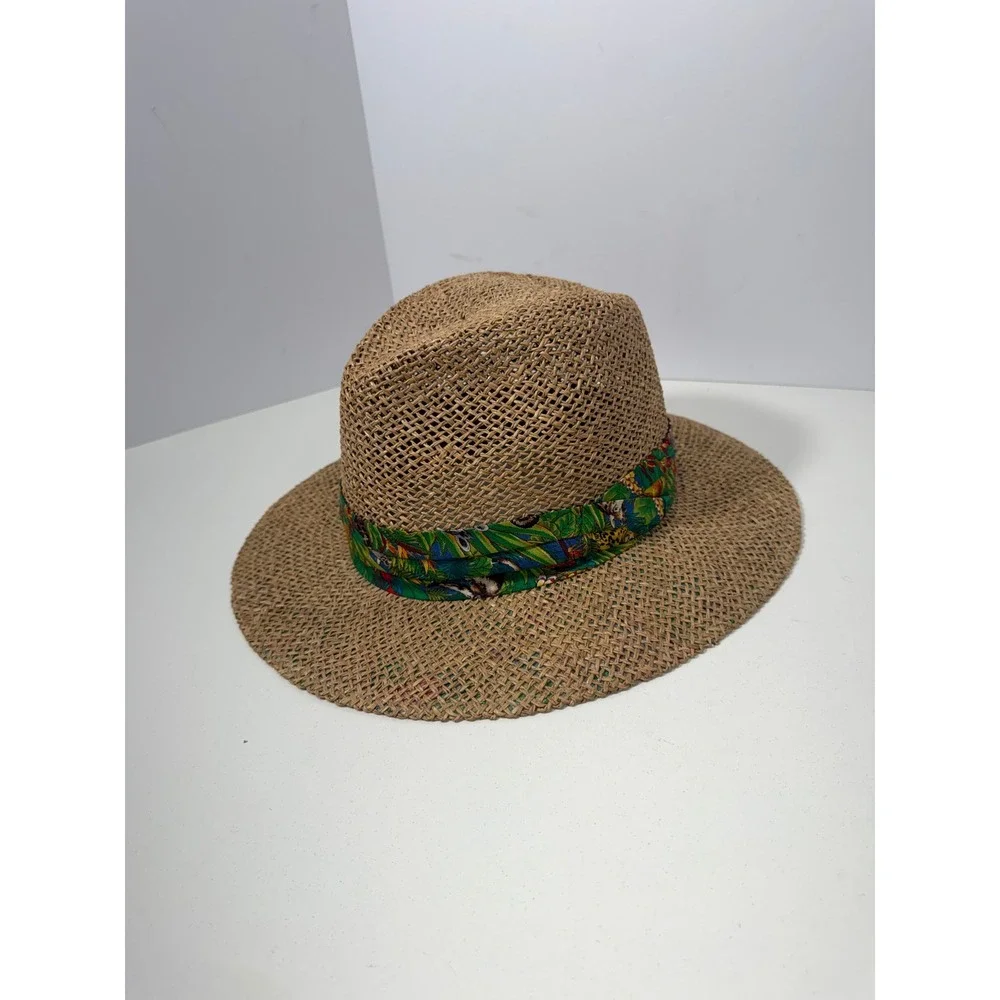 Summer Club‎ Straw Fedora Hat Large Tan Tropical Safari Print Australian Design